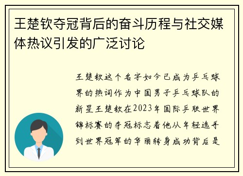 王楚钦夺冠背后的奋斗历程与社交媒体热议引发的广泛讨论